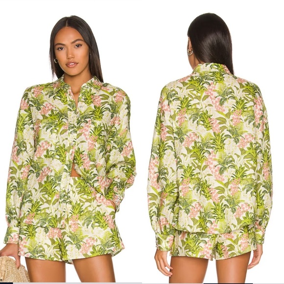 CAMI NYC Belkis Top in Tropics Print 100% Linen Green Pink Diamond Buttons XS - Picture 2 of 11